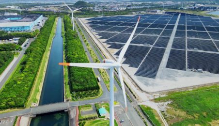 Aerial view of wind and solar power farm