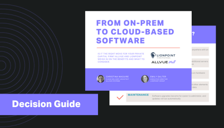 Pages of the private equity cloud software decision guide stacked on each other, against a black background.